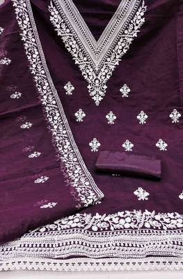 wine chanderi embroidered unstitched dress materials 3 pair top bottom dupatta 3