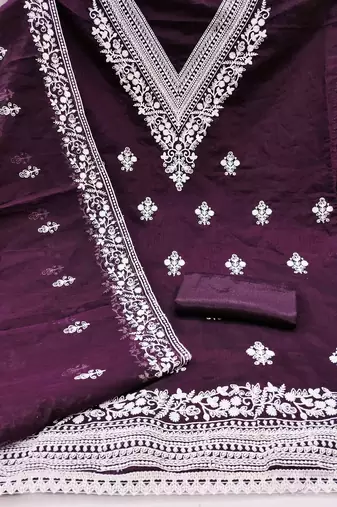 wine chanderi embroidered unstitched dress materials 3 pair top bottom dupatta