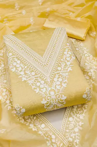 yellow chanderi embroidered unstitched dress materials 3 pair top bottom dupatta