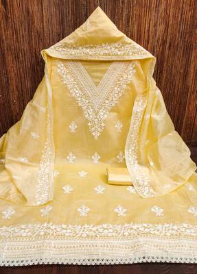yellow chanderi embroidered unstitched dress materials 3 pair top bottom dupatta 2