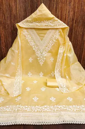 yellow chanderi embroidered unstitched dress materials 3 pair top bottom dupatta