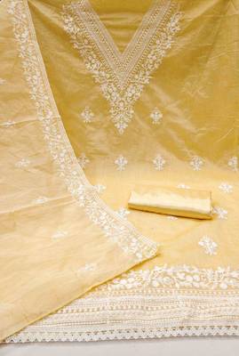 yellow chanderi embroidered unstitched dress materials 3 pair top bottom dupatta 3