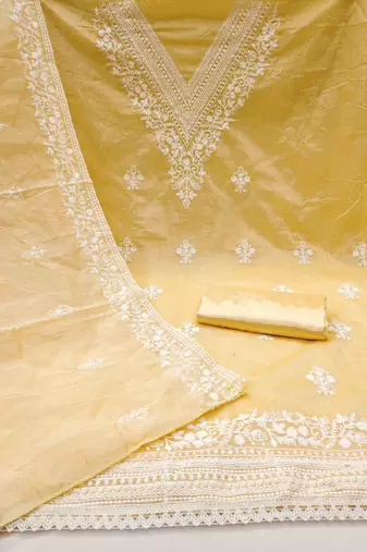 yellow chanderi embroidered unstitched dress materials 3 pair top bottom dupatta