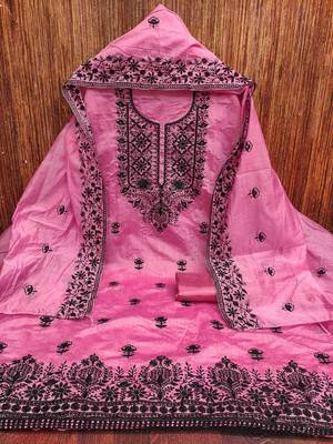 pink chanderi embroidered unstitched dress materials 3 pair top bottom dupatta 2