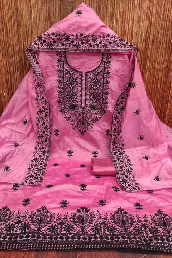 pink chanderi embroidered unstitched dress materials 3 pair top bottom dupatta