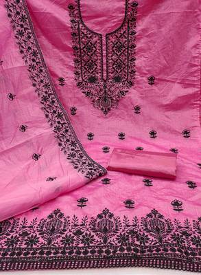 pink chanderi embroidered unstitched dress materials 3 pair top bottom dupatta 3