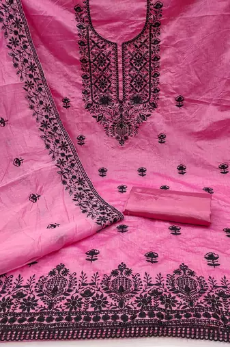 pink chanderi embroidered unstitched dress materials 3 pair top bottom dupatta