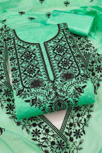 teal chanderi embroidered unstitched dress materials 3 pair top bottom dupatta