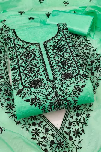 teal chanderi embroidered unstitched dress materials 3 pair top bottom dupatta