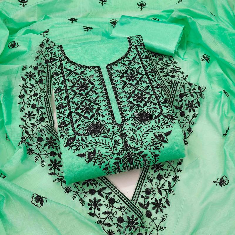 teal chanderi embroidered unstitched dress materials 3 pair top bottom dupatta