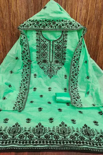 teal chanderi embroidered unstitched dress materials 3 pair top bottom dupatta