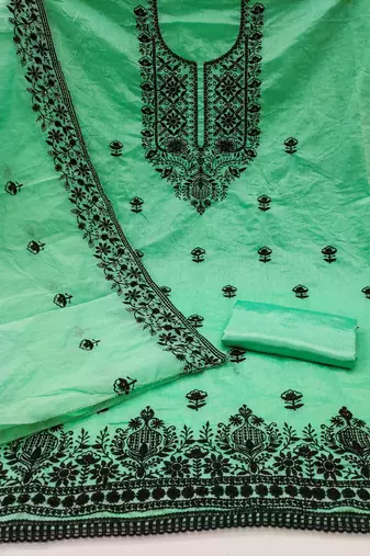 teal chanderi embroidered unstitched dress materials 3 pair top bottom dupatta
