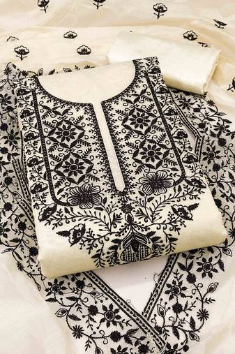white chanderi embroidered unstitched dress materials 3 pair top bottom dupatta