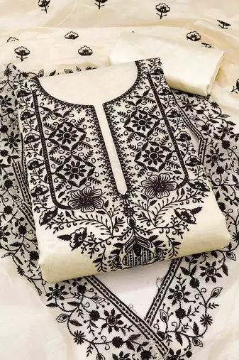 white chanderi embroidered unstitched dress materials 3 pair top bottom dupatta