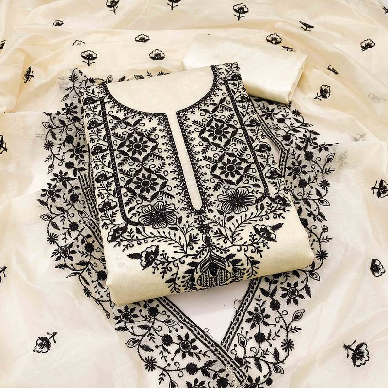white chanderi embroidered unstitched dress materials 3 pair top bottom dupatta