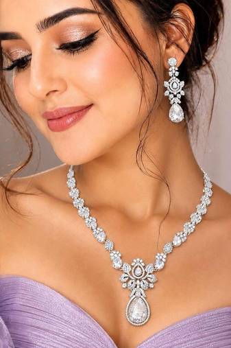 Silver Crystal Bridal Necklace Earrings Set, Floral Teardrop Design, Wedding Jewelry