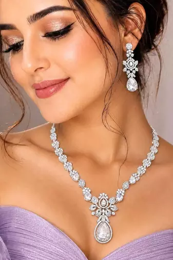 Silver Crystal Bridal Necklace Earrings Set, Floral Teardrop Design, Wedding Jewelry
