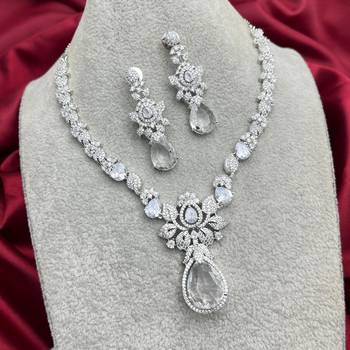 Silver Crystal Bridal Necklace Earrings Set, Floral Teardrop Design, Wedding Jewelry 2
