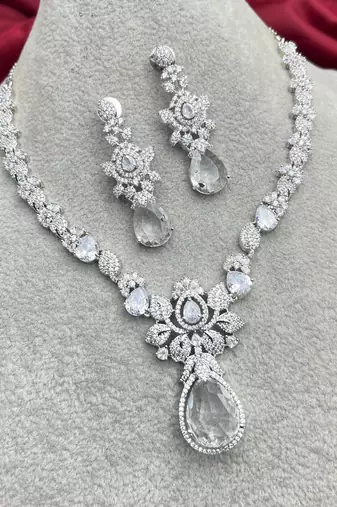 Silver Crystal Bridal Necklace Earrings Set, Floral Teardrop Design, Wedding Jewelry