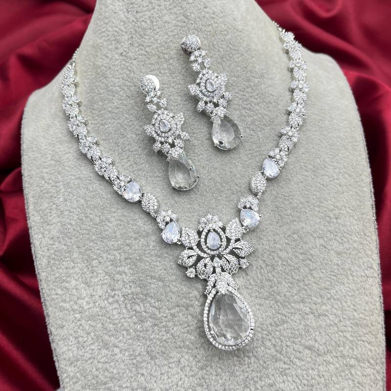 Silver Crystal Bridal Necklace Earrings Set, Floral Teardrop Design, Wedding Jewelry