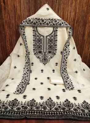 white chanderi embroidered unstitched dress materials 3 pair top bottom dupatta 2