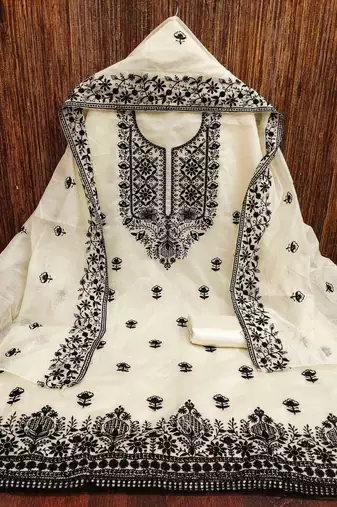 white chanderi embroidered unstitched dress materials 3 pair top bottom dupatta