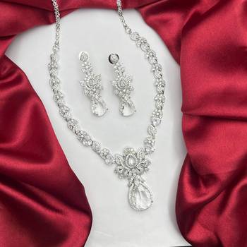 Silver Crystal Bridal Necklace Earrings Set, Floral Teardrop Design, Wedding Jewelry 3