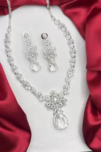 Silver Crystal Bridal Necklace Earrings Set, Floral Teardrop Design, Wedding Jewelry
