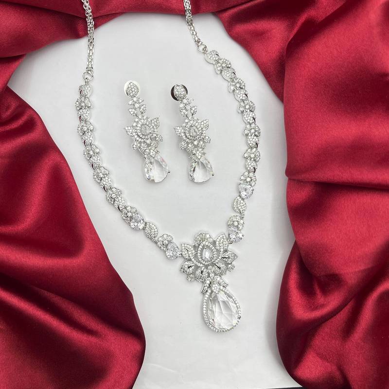 Silver Crystal Bridal Necklace Earrings Set, Floral Teardrop Design, Wedding Jewelry