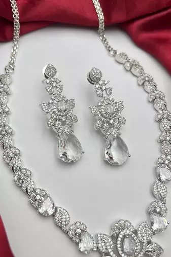 Silver Crystal Bridal Necklace Earrings Set, Floral Teardrop Design, Wedding Jewelry