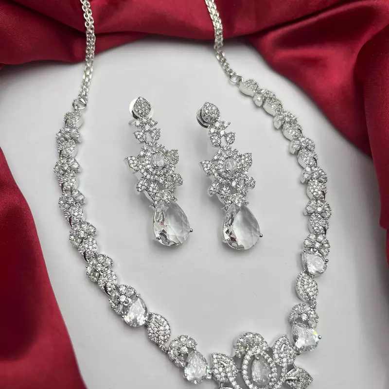 Silver Crystal Bridal Necklace Earrings Set, Floral Teardrop Design, Wedding Jewelry