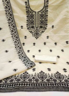 white chanderi embroidered unstitched dress materials 3 pair top bottom dupatta 3