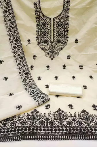white chanderi embroidered unstitched dress materials 3 pair top bottom dupatta