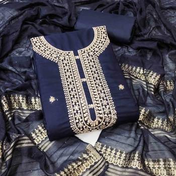 blue chanderi embroidered unstitched dress materials 3 pair top bottom dupatta 1