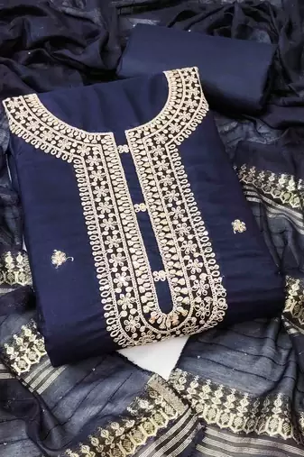 blue chanderi embroidered unstitched dress materials 3 pair top bottom dupatta