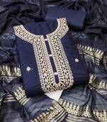 blue chanderi embroidered unstitched dress materials 3 pair top bottom dupatta