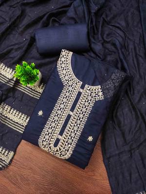 blue chanderi embroidered unstitched dress materials 3 pair top bottom dupatta 2
