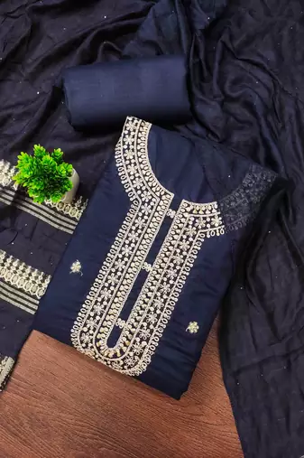 blue chanderi embroidered unstitched dress materials 3 pair top bottom dupatta