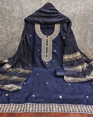 blue chanderi embroidered unstitched dress materials 3 pair top bottom dupatta 3