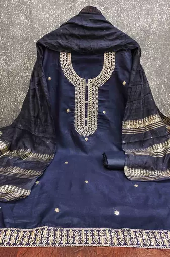 blue chanderi embroidered unstitched dress materials 3 pair top bottom dupatta