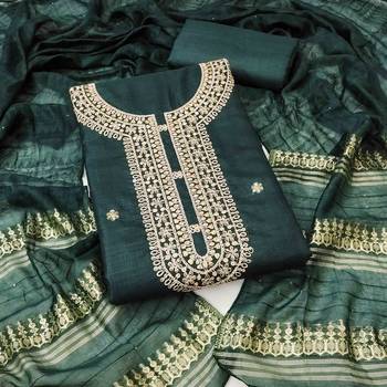 green chanderi embroidered unstitched dress materials 3 pair top bottom dupatta 1