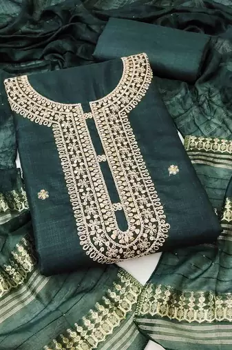 green chanderi embroidered unstitched dress materials 3 pair top bottom dupatta