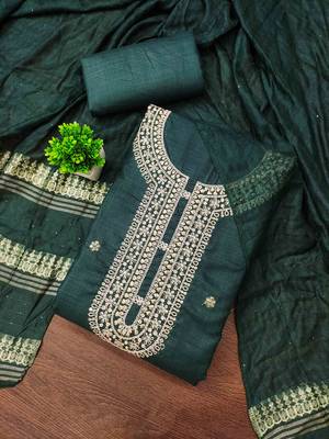 green chanderi embroidered unstitched dress materials 3 pair top bottom dupatta 2