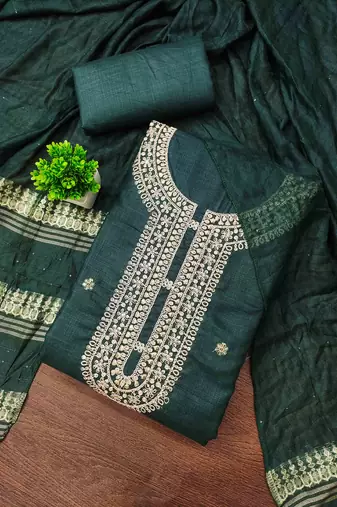 green chanderi embroidered unstitched dress materials 3 pair top bottom dupatta