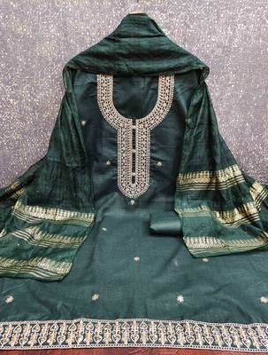 green chanderi embroidered unstitched dress materials 3 pair top bottom dupatta 3