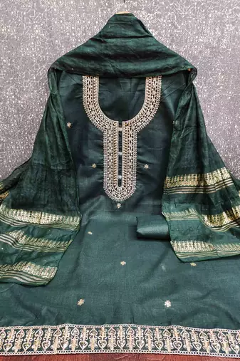 green chanderi embroidered unstitched dress materials 3 pair top bottom dupatta