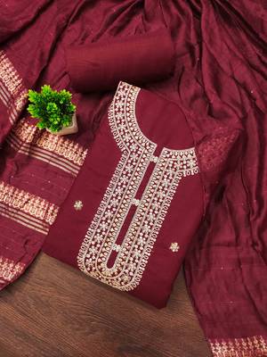 red chanderi embroidered unstitched dress materials 3 pair top bottom dupatta 1