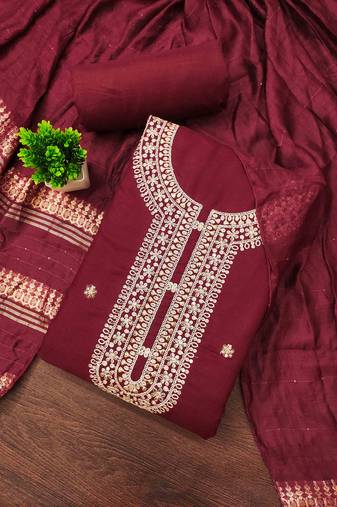 red chanderi embroidered unstitched dress materials 3 pair top bottom dupatta