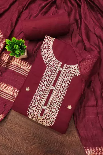 red chanderi embroidered unstitched dress materials 3 pair top bottom dupatta