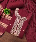 red chanderi embroidered unstitched dress materials 3 pair top bottom dupatta
